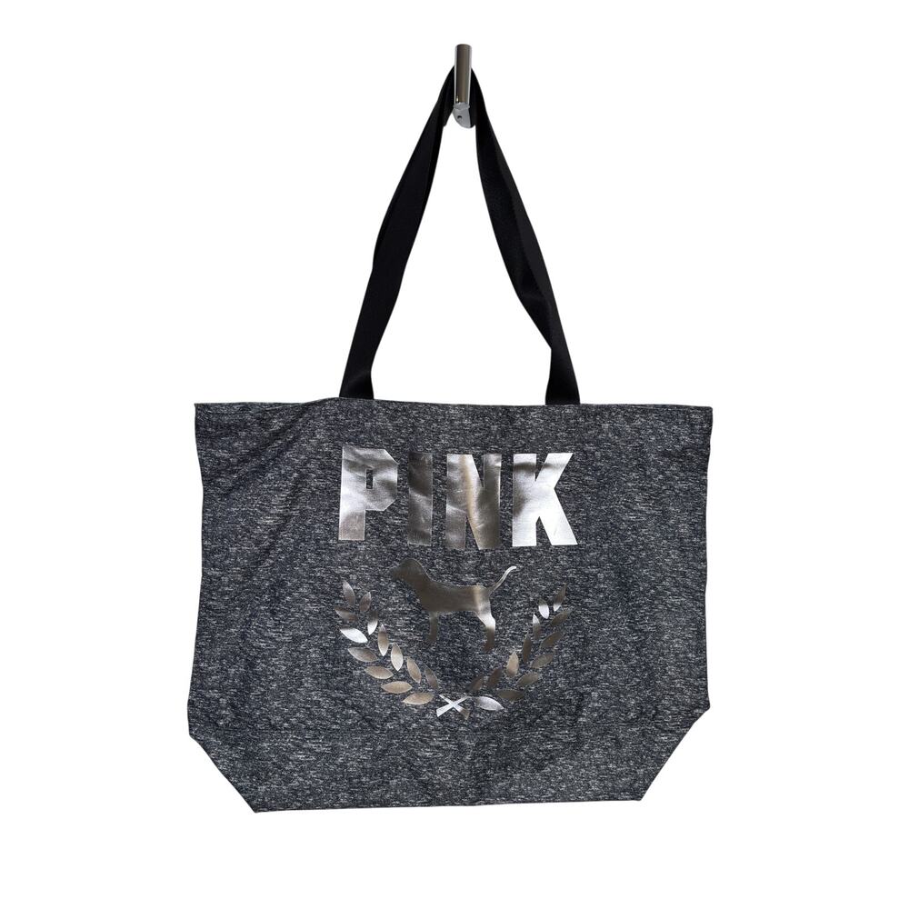 Victoria's Secret PINK Tote Bag Womens Large Gray Silver Foil Dog Logo Weekender
